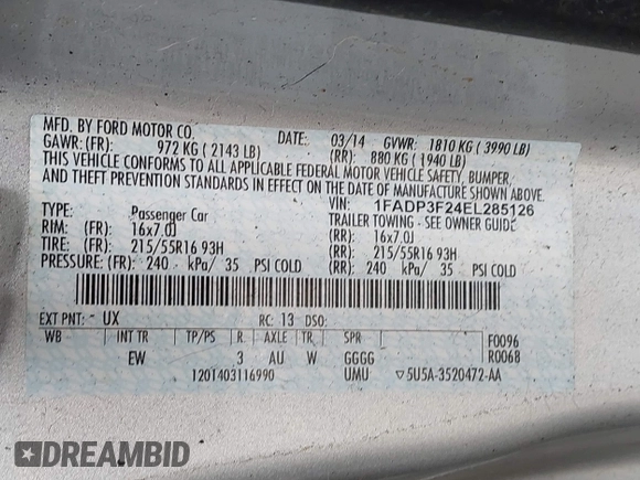 2014 Ford Focus SE with VIN 1FADP3F24EL285126, listed as a IAAI auction lot 41956143 with 113,415 mi miles. Bid and sale history available at carsss.com. Image 9.