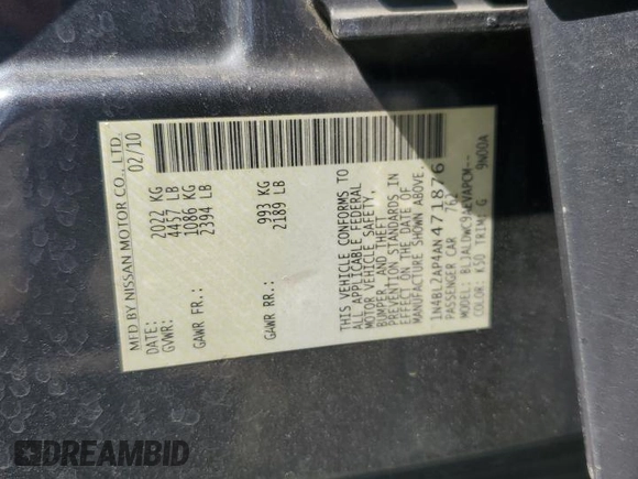 2010 Nissan Altima 3.5 SR with VIN 1N4BL2AP4AN471876, listed as a Copart auction lot 47921445 with 165,939 mi miles and Salvage Title. Bid and sale history available at carsss.com. Image 14.