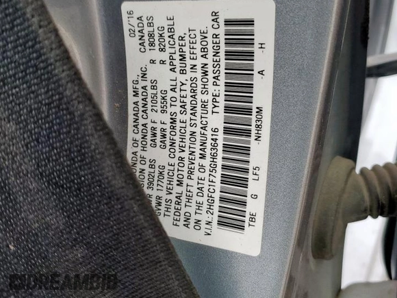 2016 Honda Civic Sedan EX-L with VIN 2HGFC1F75GH636416, listed as a Copart auction lot 46340835 with 0 mi miles and Salvage Title. Bid and sale history available at carsss.com. Image 14.