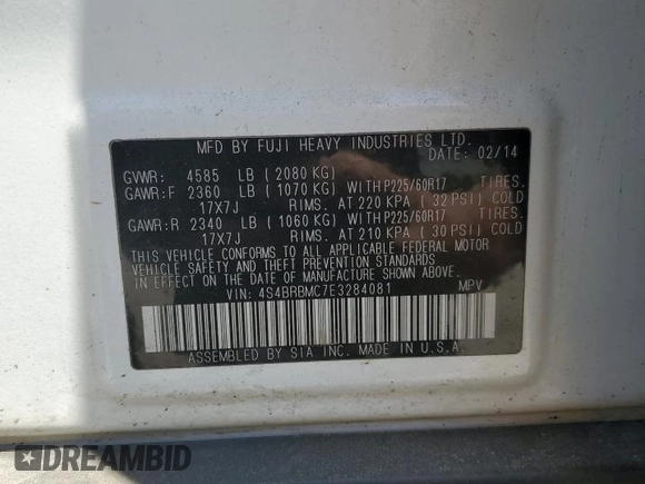 2014 Subaru Outback Limited with VIN 4S4BRBMC7E3284081, listed as a Copart auction lot 60576895 with 185,610 mi miles and Clean title. Bid and sale history available at DreamBid. Image 14.
