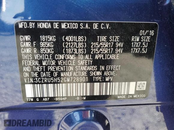 2016 Honda HR-V EX with VIN 3CZRU5H52GM728901, listed as a Copart auction lot 50769295 with 106,098 mi miles and Salvage Title. Bid and sale history available at carsss.com. Image 15.