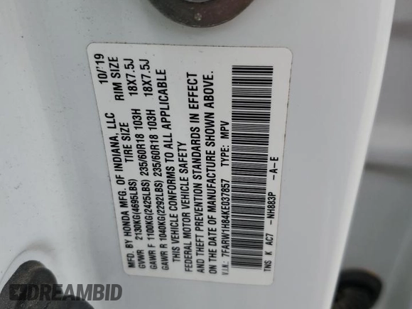 2019 Honda CR-V EX-L with VIN 7FARW1H84KE037857, listed as a Copart auction lot 51660825 with 90,322 mi miles and Salvage Title. Bid and sale history available at carsss.com. Image 16.
