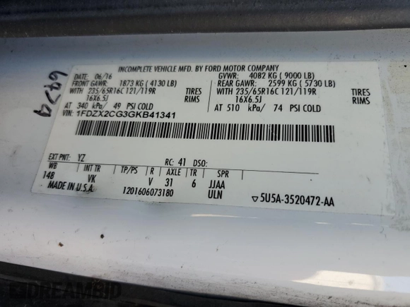 2016 Ford Transit z VIN 1FDZX2CG3GKB41341, wystawiony jako Copart lot #50385075 z przebiegiem 252 009 mil mil oraz Szkoda całkowita • Salvage title. Historia ofert i sprzedaży dostępna na DreamBid. Obrazek 14.