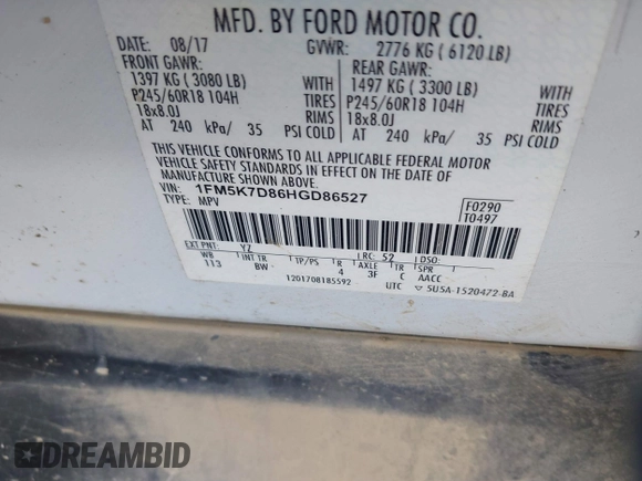 2017 Ford Explorer XLT with VIN 1FM5K7D86HGD86527, listed as a IAAI auction lot 41769032 with 105,619 mi miles and . Bid and sale history available at carsss.com. Image 9.
