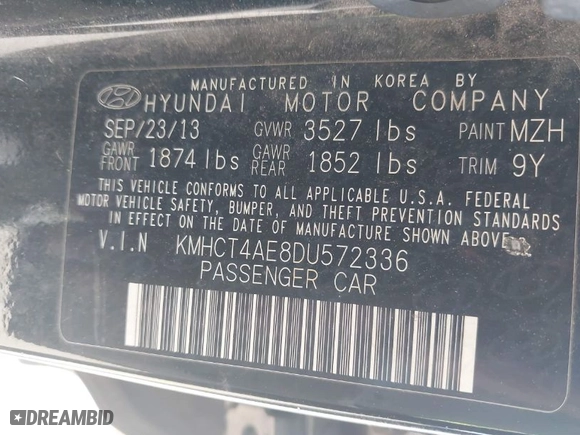 2013 Hyundai Accent GLS with VIN KMHCT4AE8DU572336, listed as a IAAI auction lot 42065834 with 250,394 mi miles. Bid and sale history available at carsss.com. Image 9.