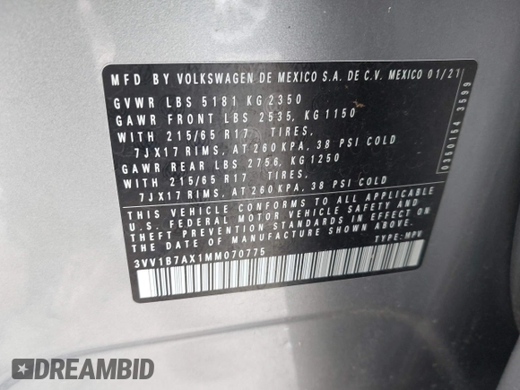 2021 Volkswagen Tiguan S with VIN 3VV1B7AX1MM070775, listed as a IAAI auction lot 41788112 with 22,107 mi miles and . Bid and sale history available at DreamBid. Image 9.