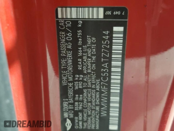 2010 MINI Hardtop S z VIN WMWMF7C53ATZ72544, wystawiony jako Copart lot #64125695 z przebiegiem 70 587 mil mil oraz Czysty tytuł • Clean title. Historia ofert i sprzedaży dostępna na DreamBid. Obrazek 12.