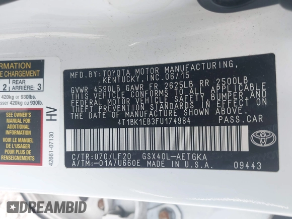 2015 Toyota Avalon Limited with VIN 4T1BK1EB3FU174984, listed as a IAAI auction lot 42155795 with 83,963 mi miles and . Bid and sale history available at DreamBid. Image 9.