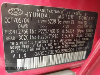 2005 Hyundai Santa Fe GLS with VIN KM8SC73E95U890509, listed as a IAAI auction lot 41726541 with 171,992 mi miles. Bid and sale history available at carsss.com. Image 9.