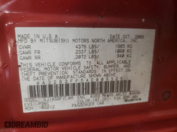 2010 Mitsubishi Galant ES with VIN 4A32B3FF5AE009326, listed as a Copart auction lot 86850424 with 164,336 mi miles and Salvage Title. Bid and sale history available at carsss.com. Image 13.