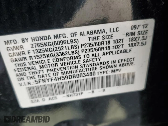 2013 Honda Pilot EX-L with VIN 5FNYF4H59DB003480, listed as a Copart auction lot 50024455 with 120,957 mi miles and Salvage Title. Bid and sale history available at DreamBid. Image 13.