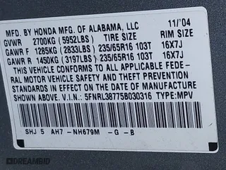 2005 Honda Odyssey EX-L with VIN 5FNRL38775B030316, listed as a IAAI auction lot 41670853 with 183,359 mi miles. Bid and sale history available at carsss.com. Image 9.