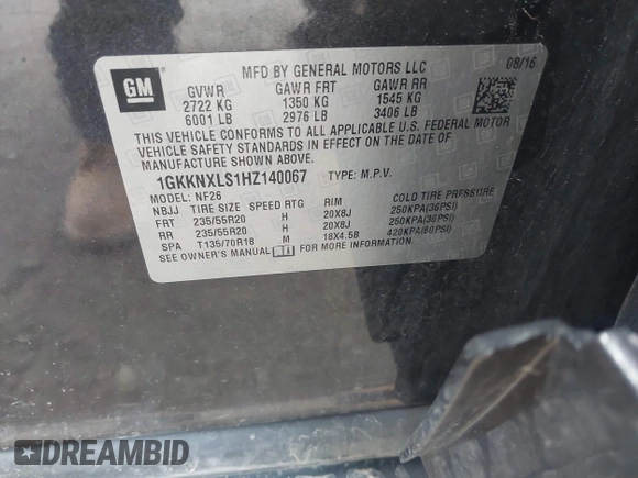 2017 GMC Acadia Denali with VIN 1GKKNXLS1HZ140067, listed as a IAAI auction lot 42002273 with Not Provided miles and . Bid and sale history available at carsss.com. Image 9.