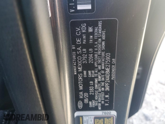 2021 Kia Forte LXS с VIN 3KPF24AD8ME275903, выставлен на аукционе Copart как лот 50742925 с пробегом 33 258 миль миль и Списание • Salvage title. История ставок и продаж доступна на DreamBid. Изображение 13.