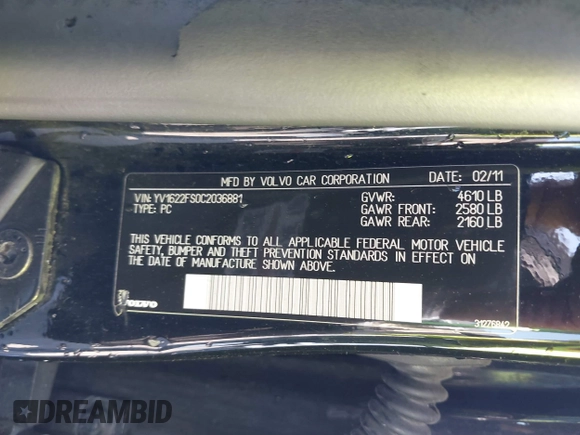 2012 Volvo S60 T5 with VIN YV1622FS0C2036881, listed as a IAAI auction lot 42653548 with 118,984 mi miles and . Bid and sale history available at DreamBid. Image 9.