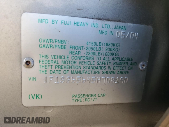 2005 Subaru Forester XS с VIN JF1SG65645H708190, выставлен на аукционе Copart как лот 54916405 с пробегом 98 994 миль миль и Списание • Salvage title. История ставок и продаж доступна на DreamBid. Изображение 12.