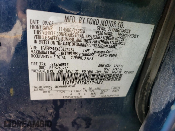 2006 Ford Five Hundred SEL with VIN 1FAFP241X6G125484, listed as a Copart auction lot 56619964 with 235,268 mi miles and Salvage Title. Bid and sale history available at carsss.com. Image 12.