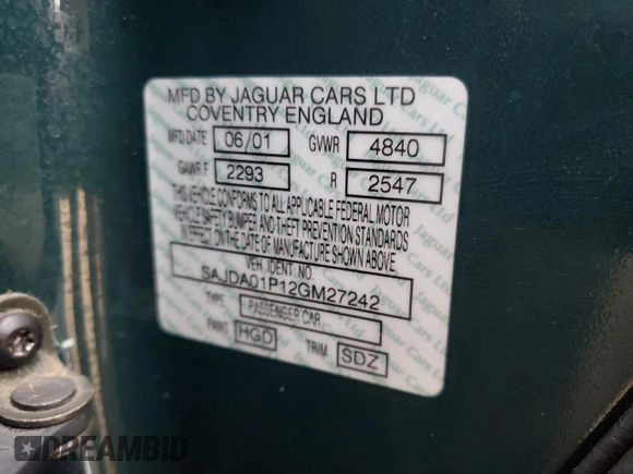 2002 Jaguar S-Type with VIN SAJDA01P12GM27242, listed as a Copart auction lot 88579215 with 218,546 mi miles and Salvage Title. Bid and sale history available at DreamBid. Image 12.