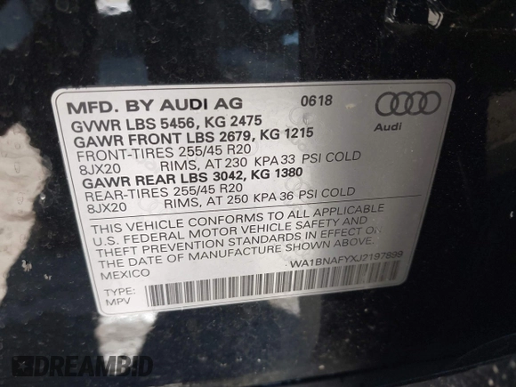 2018 Audi Q5 Premium Plus with VIN WA1BNAFYXJ2197899, listed as a IAAI auction lot 41810152 with 23,495 mi miles. Bid and sale history available at carsss.com. Image 9.