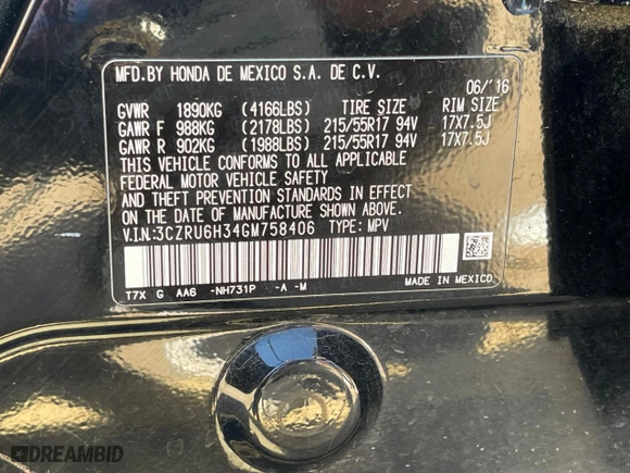 2016 Honda HR-V LX with VIN 3CZRU6H34GM758406, listed as a Copart auction lot 54248535 with 130,287 mi miles and Clean Title. Bid and sale history available at carsss.com. Image 10.