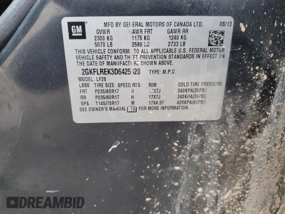 2013 GMC Terrain SLE with VIN 2GKFLREK3D6425620, listed as a Copart auction lot 49334845 with 197,435 mi miles and Salvage Title. Bid and sale history available at carsss.com. Image 14.