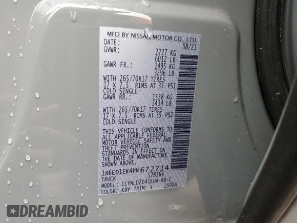 2023 Nissan Frontier Pro-4X with VIN 1N6ED1EK4PN672714, listed as a Copart auction lot 55557855 with 4,678 mi miles and Salvage title. Bid and sale history available at DreamBid. Image 12.