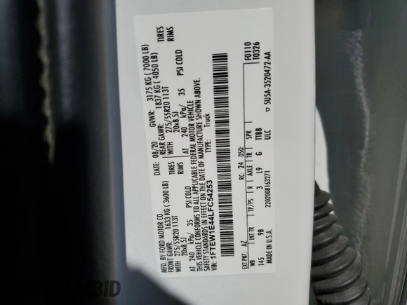 2020 Ford F-150 XL с VIN 1FTEW1E44LFC54253, выставлен на аукционе Copart как лот 62840295 с пробегом 72 440 миль миль и Списание • Salvage title. История ставок и продаж доступна на DreamBid. Изображение 12.