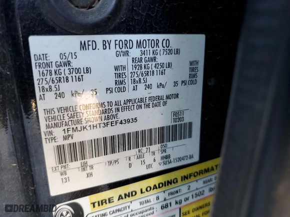 2015 Ford Expedition EL XLT with VIN 1FMJK1HT3FEF43935, listed as a Copart auction lot 41966785 with 254,852 mi miles and Salvage Title. Bid and sale history available at carsss.com. Image 13.