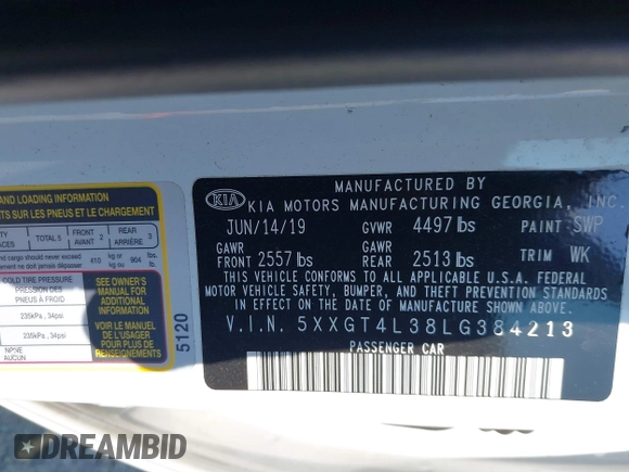 2020 Kia Optima LX with VIN 5XXGT4L38LG384213, listed as a IAAI auction lot 42458608 with 47,041 mi miles and . Bid and sale history available at DreamBid. Image 9.
