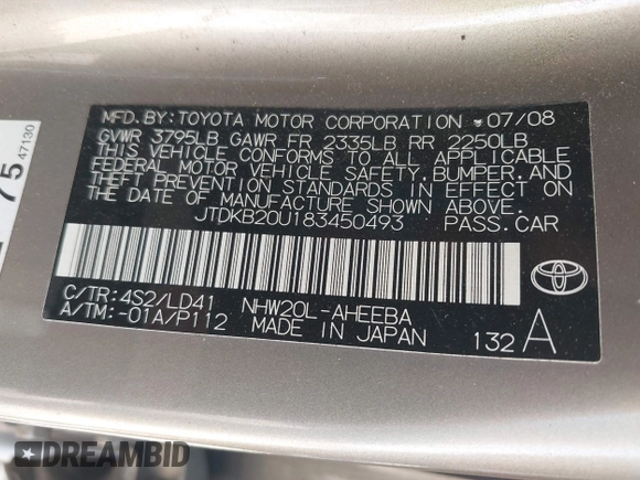 2008 Toyota Prius with VIN JTDKB20U183450493, listed as a IAAI auction lot 42119342 with 192,007 mi miles. Bid and sale history available at carsss.com. Image 9.