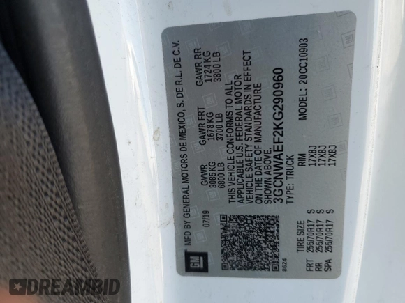 2019 Chevrolet Silverado 1500 Work Truck with VIN 3GCNWAEF2KG290960, listed as a Copart auction lot 88790205 with 87,327 mi miles and Salvage Title. Bid and sale history available at DreamBid. Image 12.