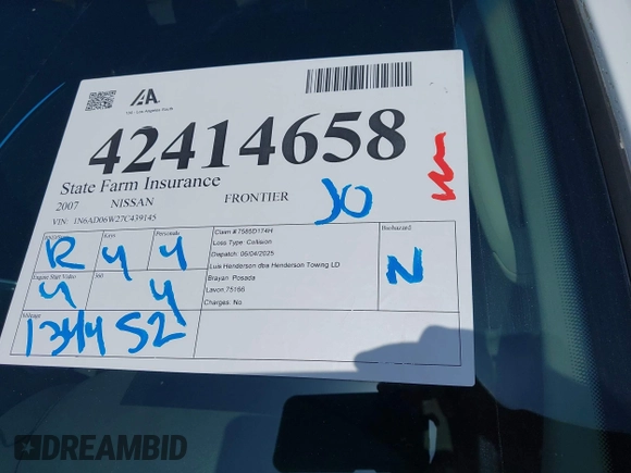 2007 Nissan Frontier Nismo with VIN 1N6AD06W27C439145, listed as a IAAI auction lot 42414658 with 134,452 mi miles and . Bid and sale history available at DreamBid. Image 17.