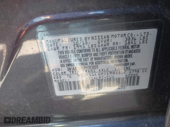 2015 Nissan Sentra SR with VIN 3N1AB7AP0FY353620, listed as a IAAI auction lot 41877838 with 106,757 mi miles and . Bid and sale history available at DreamBid. Image 9.