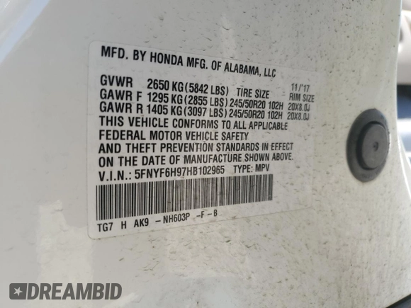2017 Honda Pilot Touring with VIN 5FNYF6H97HB102965, listed as a Copart auction lot 53901625 with 138,346 mi miles and Salvage Title. Bid and sale history available at DreamBid. Image 13.