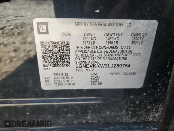 2020 Chevrolet Traverse Premier with VIN 1GNEVKKW3LJ259754, listed as a Copart auction lot 45527334 with 43,057 mi miles and Salvage Title. Bid and sale history available at carsss.com. Image 14.