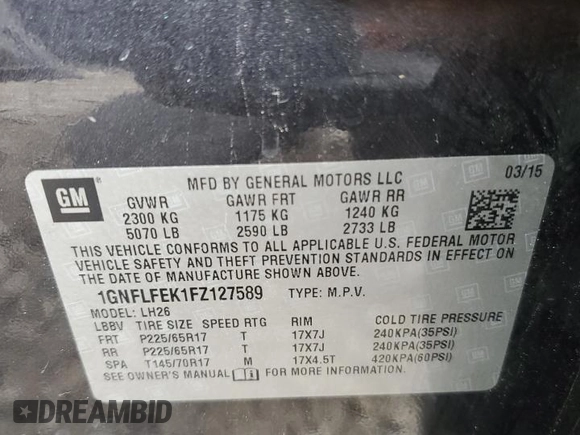 2015 Chevrolet Equinox LT with VIN 1GNFLFEK1FZ127589, listed as a Copart auction lot 49497035 with 151,924 mi miles and Salvage Title. Bid and sale history available at carsss.com. Image 13.