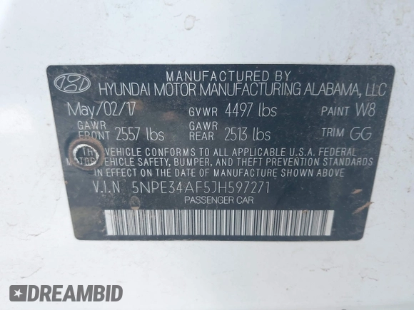 2018 Hyundai Sonata SEL with VIN 5NPE34AF5JH597271, listed as a IAAI auction lot 42001502 with 59,533 mi miles and . Bid and sale history available at DreamBid. Image 9.