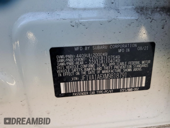 2021 Subaru WRX with VIN JF1VA1A6XM9818791, listed as a Copart auction lot 48554375 with 22,998 mi miles and Salvage Title. Bid and sale history available at carsss.com. Image 13.