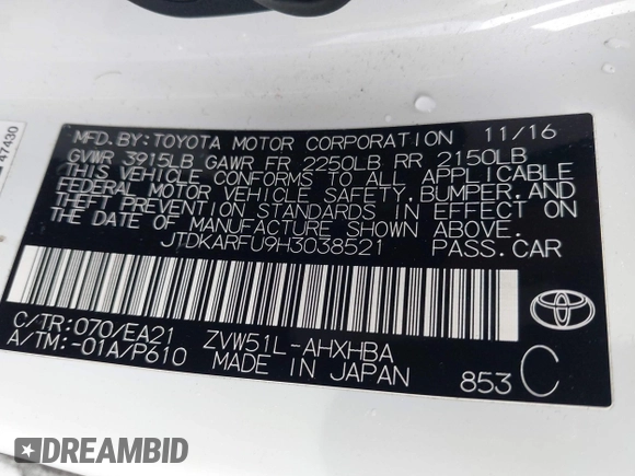 2017 Toyota Prius Two with VIN JTDKARFU9H3038521, listed as a IAAI auction lot 41477948 with 199,917 mi miles. Bid and sale history available at carsss.com. Image 9.