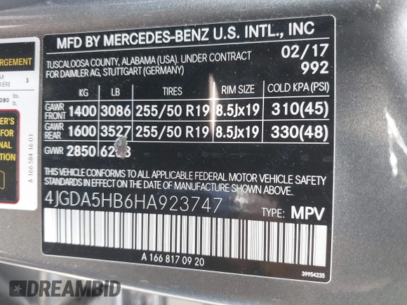 2017 Mercedes-Benz GLE 350 with VIN 4JGDA5HB6HA923747, listed as a IAAI auction lot 42740129 with 55,635 mi miles and . Bid and sale history available at DreamBid. Image 9.