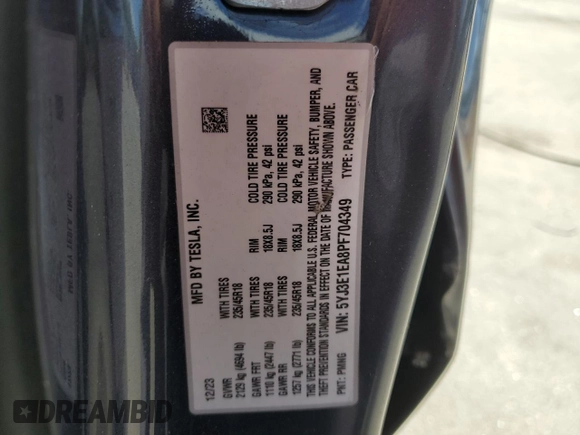 2023 Tesla Model 3 with VIN 5YJ3E1EA8PF704349, listed as a Copart auction lot 60220665 with 18,873 mi miles and Non repairable. Bid and sale history available at DreamBid. Image 12.
