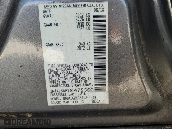2018 Nissan Altima SR with VIN 1N4AL3AP1JC475560, listed as a Copart auction lot 49029655 with 121,264 mi miles and Salvage Title. Bid and sale history available at DreamBid. Image 12.