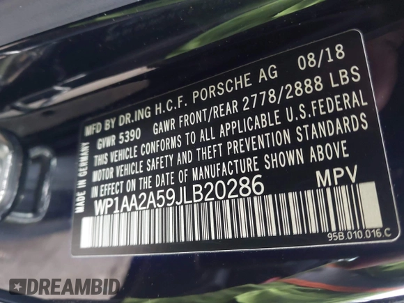 2018 Porsche Macan with VIN WP1AA2A59JLB20286, listed as a IAAI auction lot 41286270 with 64,664 mi miles. Bid and sale history available at carsss.com. Image 9.