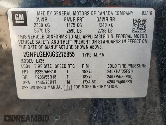 2016 Chevrolet Equinox LTZ z VIN 2GNFLGEK8G6275855, wystawiony jako Copart lot #52426705 z przebiegiem 101 064 mil mil oraz Szkoda całkowita • Salvage title. Historia ofert i sprzedaży dostępna na DreamBid. Obrazek 14.