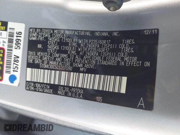 2012 Toyota Sienna LE AAS с VIN 5TDKK3DC5CS207090, выставлен на аукционе IAAI как лот 42100711 с пробегом 139 638 миль миль и . История ставок и продаж доступна на DreamBid. Изображение 9.