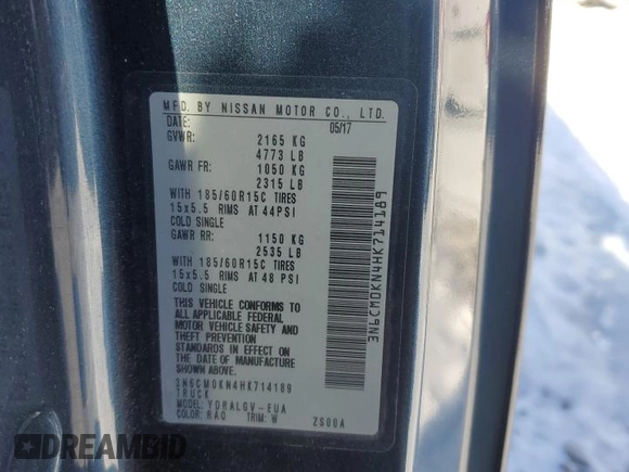 2017 Nissan NV200 SV z VIN 3N6CM0KN4HK714189, wystawiony jako Copart lot #86330134 z przebiegiem 61 735 mil mil oraz Szkoda całkowita • Salvage title. Historia ofert i sprzedaży dostępna na DreamBid. Obrazek 13.