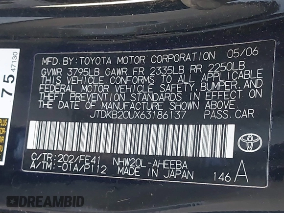 2006 Toyota Prius with VIN JTDKB20UX63186137, listed as a IAAI auction lot 42073701 with 105,375 mi miles. Bid and sale history available at carsss.com. Image 9.