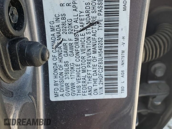 2020 Honda Civic Sedan Sport with VIN 2HGFC2F83LH549252, listed as a Copart auction lot 54239675 with Not Provided miles and Salvage Title. Bid and sale history available at carsss.com. Image 12.