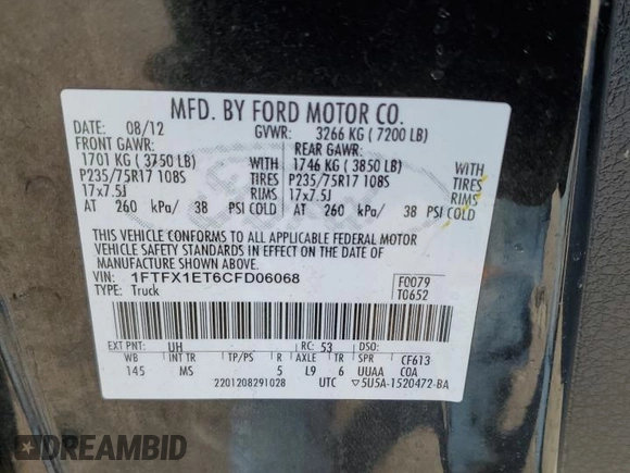 2012 Ford F-150 XL with VIN 1FTFX1ET6CFD06068, listed as a Copart auction lot 52170005 with 195,272 mi miles and Salvage Title. Bid and sale history available at carsss.com. Image 13.
