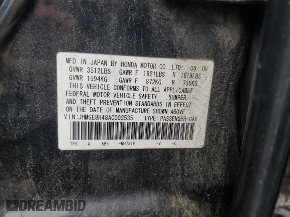2010 Honda Fit Sport with VIN JHMGE8H48AC002535, listed as a Copart auction lot 60959135 with 136,990 mi miles and Salvage title. Bid and sale history available at DreamBid. Image 12.